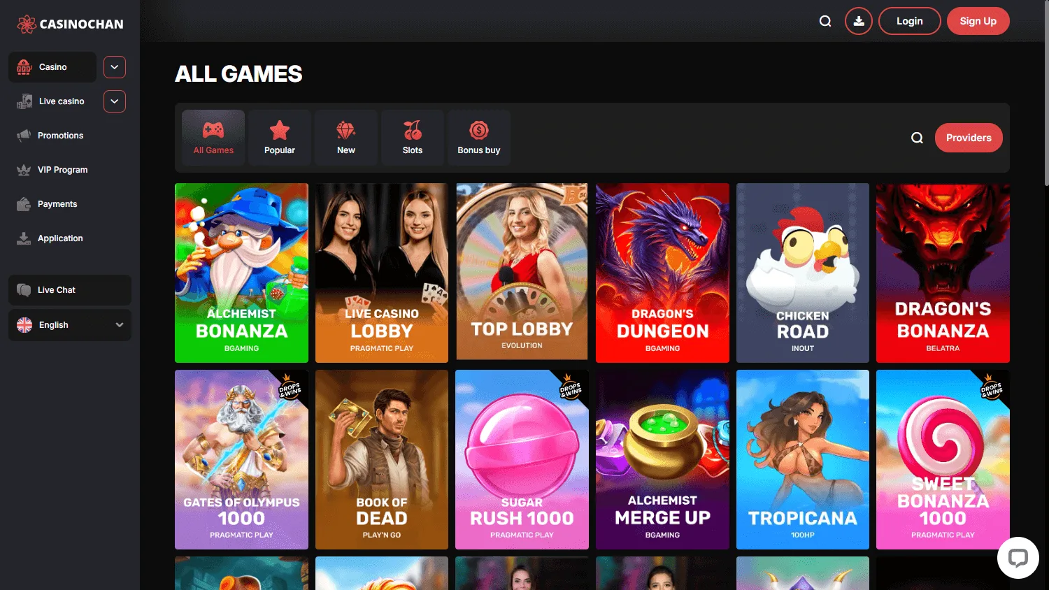Casino Chan games area on a desktop computer