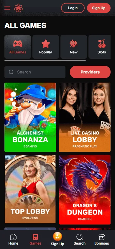 Casino Chan games area on a mobile device
