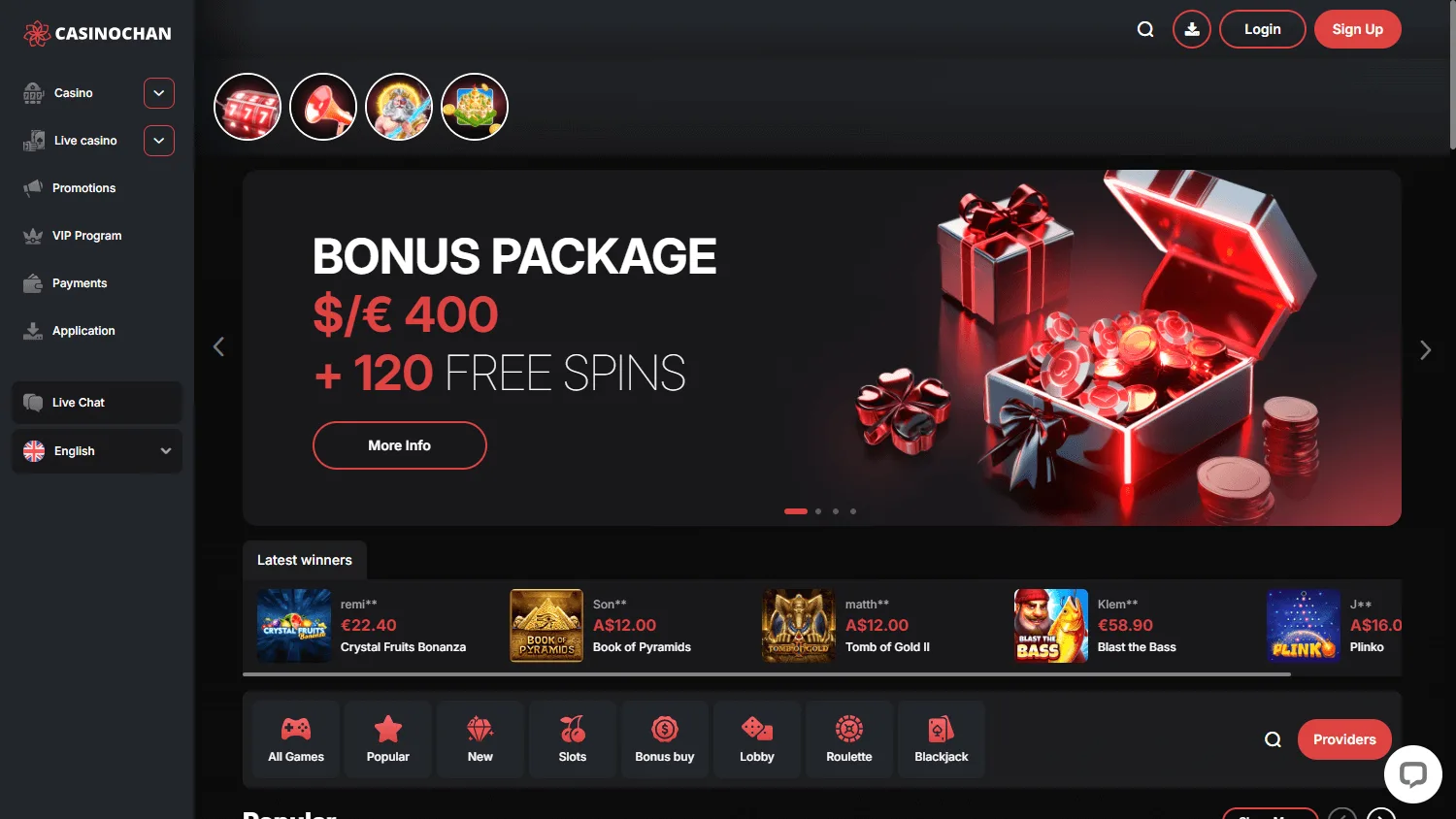 Casino Chan home page on a desktop computer