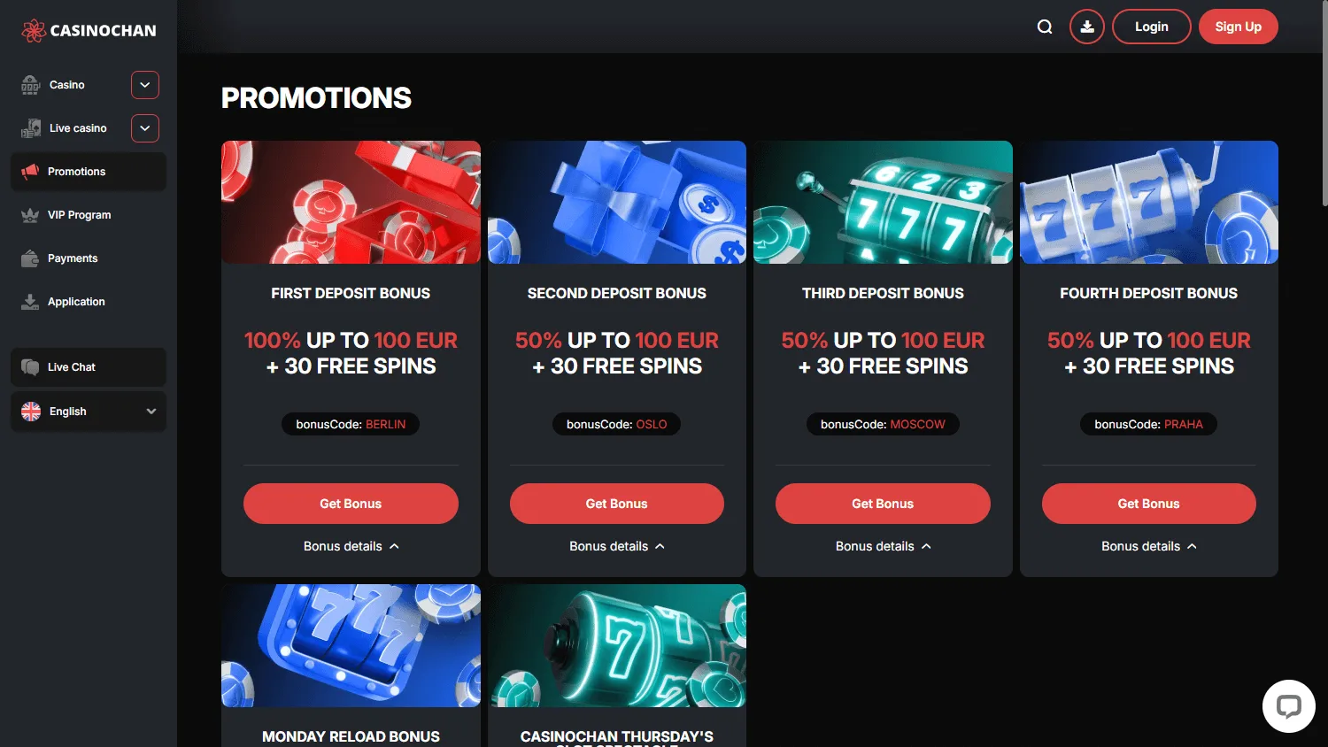 Casino Chan promotions area on a desktop computer